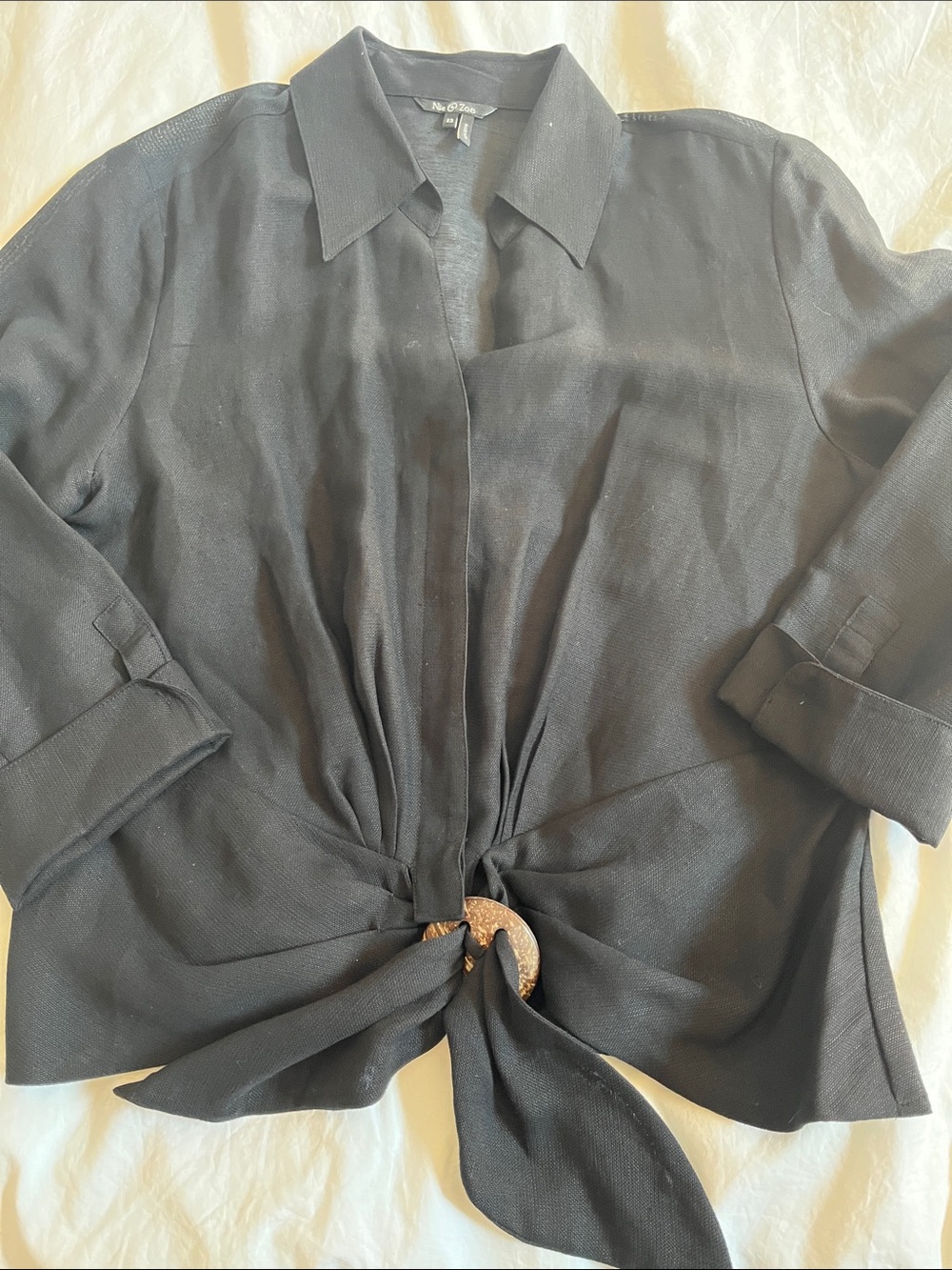 Nic + Zoe Silk & Linen Blend Quarter Sleeve Button Down Tie Front black blouse